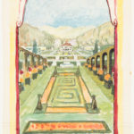 Watercolor perspective drawing of a formal garden leading back to a house surrounded by low terraces and trees, titled [Les Jardins d'André Vera].