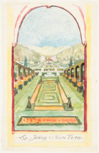 Watercolor perspective drawing of a formal garden leading back to a house surrounded by low terraces and trees, titled [Les Jardins d'André Vera]