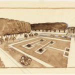 Perspective drawing of a geometric rose garden with straight paths and tall hedges, in washes of brown ink and white gouache over pencil lines, on cream-colored tracing paper