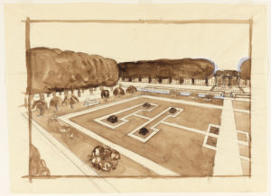 Perspective drawing of a geometric rose garden with straight paths and tall hedges, in washes of brown ink and white gouache over pencil lines, on cream-colored tracing paper