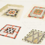 Watercolor studies of four square-shaped gardens with geometric patterns and large X’s at their centers.