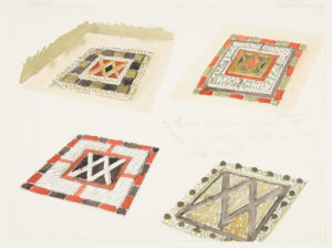 Watercolor studies of four square-shaped gardens with geometric patterns and large X’s at their centers.