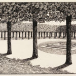 Black ink perspective drawing of a courtyard with a square at the center surrounded by dense trees.