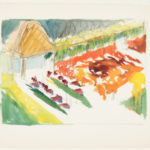 Gestural watercolor drawing of a garden with gazebo and hedges, in rich greens, red-orange, yellow, dark red, yellow-brown, and grey-blue