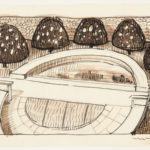 Horizontal black ink drawing of a large bench in the form of a half circle facing a pond of the same shape, with shading in brown washes