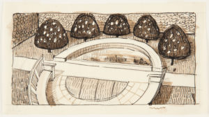 Horizontal black ink drawing of a large bench in the form of a half circle facing a pond of the same shape, with shading in brown washes