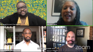 Image of a Zoom webinar with 4 participants: Eric Darnell Pritchard, Kelly Elaine Navies, Uzodinma Iweala, and Steven G. Fullwood