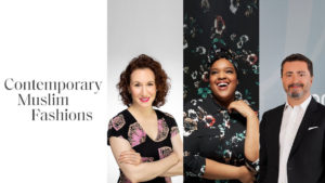 Banner Image of 3 portraits and the words "Contemporary Muslim Fashions" on the left. The three portraits are, from l to r: Laura Camerlengo, Leah Vernon, and Kerim Türe.