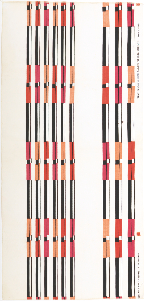 Image features: Columns of irregularly spaced stripes, each stripe alternating rectangles of black and white with rectangles of bright orange and pink. Please scroll down to read the blog post about this object.