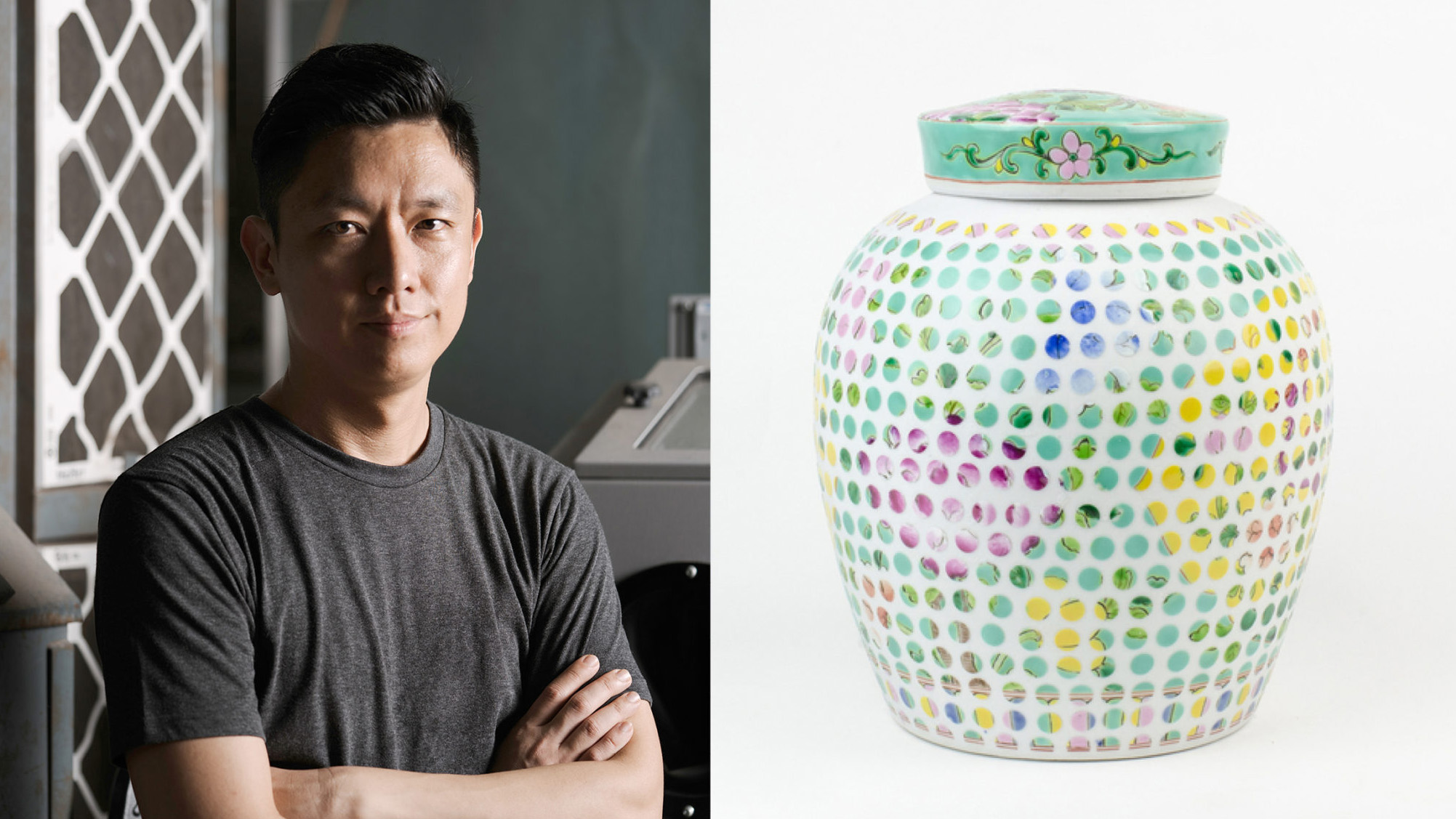 image of Hans Tan in a grey shirt, looking at the camera, his arms folded. ON the right is a green and pink spotted vase