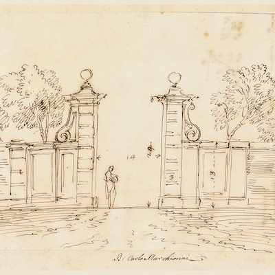 Sketch of man standing at the opening of a wall outdoors