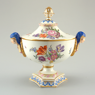 Tureen with floral detailing and a sphinx heads on both sides