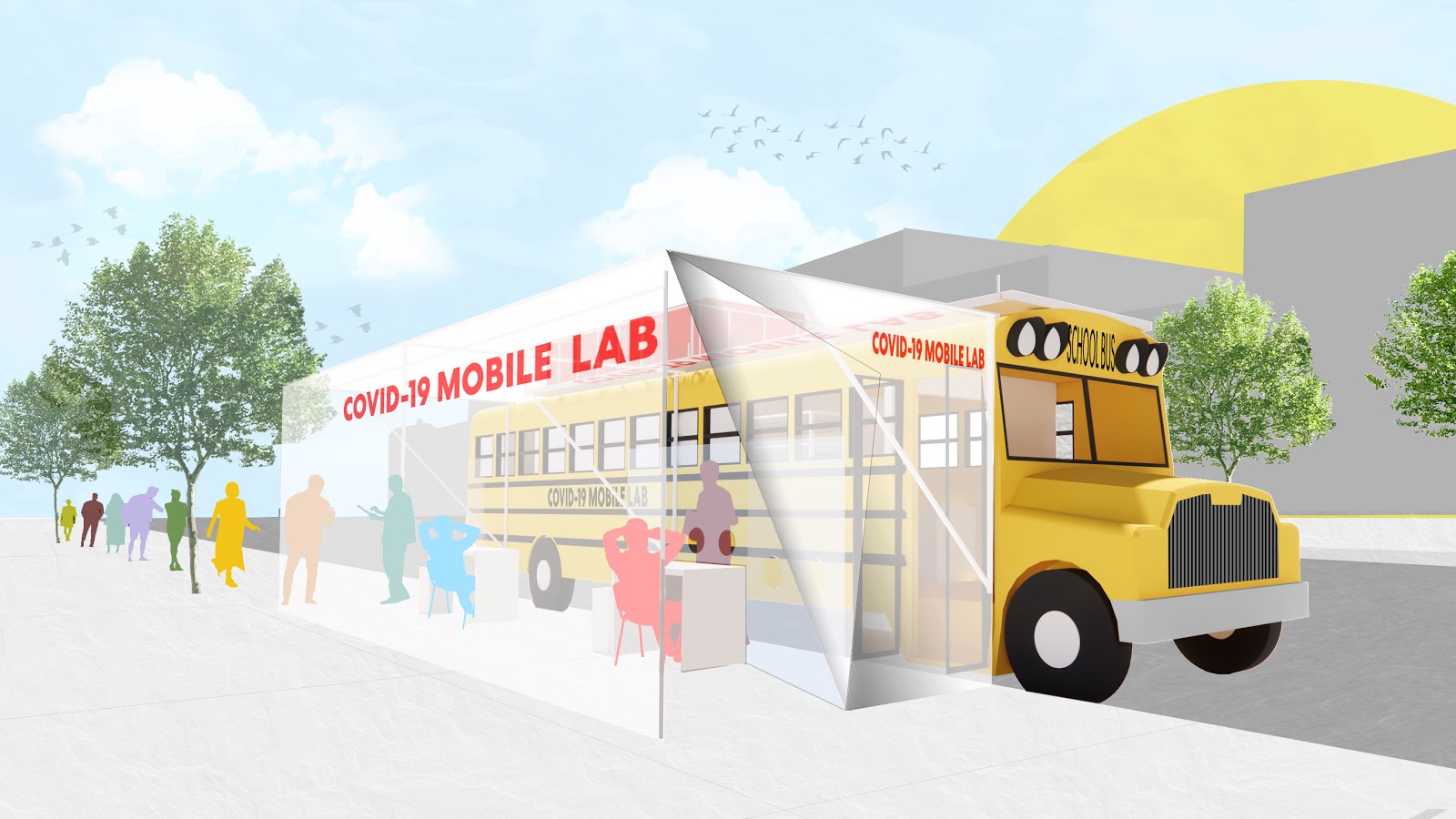 Render of a schoolbus parked in front of a translucent structure with the words COVID-19 Mobile Lab on the side