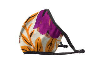 A white face mask with orange and purple botanical pattern