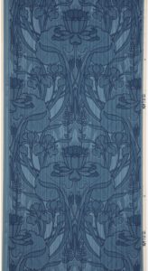 Floral wallcovering in deep blue tones.