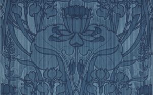 Floral wallcovering design in deep blue tones by Thomas Strahan Company.
