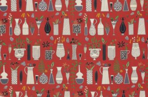 Graphic Illustration of various vessels: Martini Glass, Vase, Mug, Shot Glass arranged in a repeating grid. Some vessels have been repurposed into flower pots in a repeating motif.