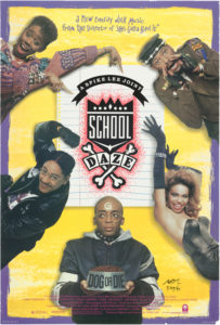 Poster for the Spike Lee film, ‘School Daze.’ Four men and one woman are positioned around a piece of lined paper. At lower center, Spike Lee appears as a bald man with glasses and a dog collar, with the letter G on his forehead and a dog dish in his hands. Printed in white, on black banner, upper center: A SPIKE LEE JOINT; in white, directly below, on top of a black crown: SCHOOL; in black, directly below, on top of two crossed white bones: DAZE. Includes a purple border and the following text in purple, upper center: a nEW comEdy WitH Music / froM the DiRector oF ‘SHe's Gotta HAVE it’. The film credits are listed in pink at the bottom of the poster. The rating information (R) and the Dolby Stereo logo appear on the bottom left, and the Columbia Pictures logo appears on the bottom right.