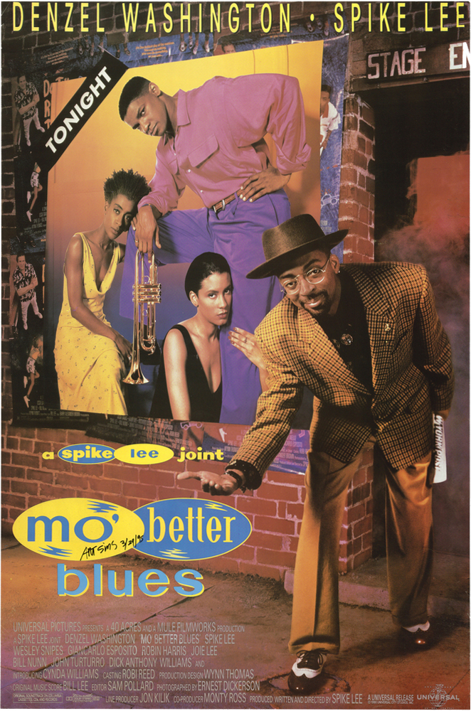 Poster for the Spike Lee film, ‘Mo' Better Blues.’ On the right, Spike Lee appears in front of a stage entrance, wearing a brown hat, glasses, brown pants, and brown houndstooth jacket. He looks at the viewer while bending and offering his right hand. His left hand holds a rolled up edition of the New York Post. Behind him, a brick wall is seen with a poster of three musicians and a trumpet, with the word TONIGHT in white against a black background in the upper left corner. Posters for Spike Lee’s film, ‘Do the Right Thing’ can be seen behind the musicians’ poster. Printed in yellow, upper margin: DENZEL WASHINGTON • SPIKE LEE; in yellow and blue, bottom left: a spike lee joint / mo’ better / blues. The words ‘spike’ and ‘better’ appear inside blue circles, while ‘lee’ and ‘mo’’ appear inside yellow circles. The film credits are listed in light grey at the bottom of the poster. The Spectral Recording/Dolby Studio logo appears on the bottom left, and the Universal logo appears on the bottom right.