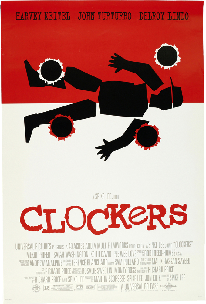 Vertical rectangle. Poster for the Spike Lee film ‘Clockers.’ The top third is red and the bottom two-thirds are white. The silhouette of a body, in black, lies horizontally, with feet on the left and the head on the right. Four circles mimicking bullet holes surround the body. Red letters near the bottom read ‘Clockers’ hovering a block of film credits in gray.