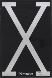 Poster for Spike Lee film, ‘Malcolm X.’ Features a large grey X on a black background with ‘November’ in small white letters at bottom. Includes a thin grey border.