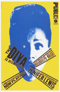 A poster depicting a bluescale image of the head of a woman with a bouffant hairdo and an unrestrained shouting expression, as words advertising a theatrical production spiral from her mouth, contrasted against a bright yellow, solid background.