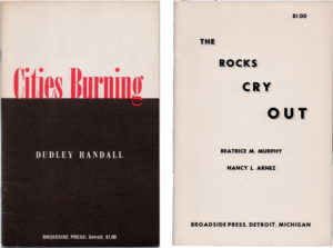 Two book covers are shown. In the first cover, red letters spell out the title “Cities Burning” against a white background. The rest of the cover is solid black with white type. The second cover is white with black type. Each word in the title “The Rocks Cry Out” is typeset in Futura caps on a separate line; each word is bigger than the next. A gray drop shadow throws the words into relief. The authors’ names are typeset in one size of Futura caps.