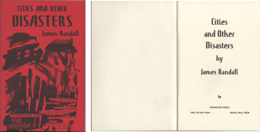 The cover and title page spread of a book are shown. The cover is printed in black ink on red paper. The title “CITIES AND OTHER DISASTER” is typeset in a narrow sans serif typeface (Precis Slim); this typeface features eccentric angled characters. Underneath the title is a large wash drawing of an urban scene, combined with small fragments of cut-and-paste type. On the title page, the title is typeset in centered, upper-and-lowercase Precis Slim.