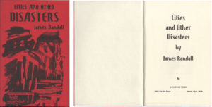 The cover and title page spread of a book are shown. The cover is printed in black ink on red paper. The title “CITIES AND OTHER DISASTER” is typeset in a narrow sans serif typeface (Precis Slim); this typeface features eccentric angled characters. Underneath the title is a large wash drawing of an urban scene, combined with small fragments of cut-and-paste type. On the title page, the title is typeset in centered, upper-and-lowercase Precis Slim.