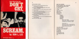 A book cover and an interior spread from a book are shown. The book cover is bright red with a black-and-white photograph running across the center. The title is typeset in white Egyptienne Bold Condensed: “Black Words That Say: DON’T CRY, SCREAM.” The photograph shows a stylish young Black man with an Afro hair style. Behind him is a large photograph or painting. The interior spread shows two poems. The poem on the left has many repeated characters. The poem on the right has verses with pronounced indents.