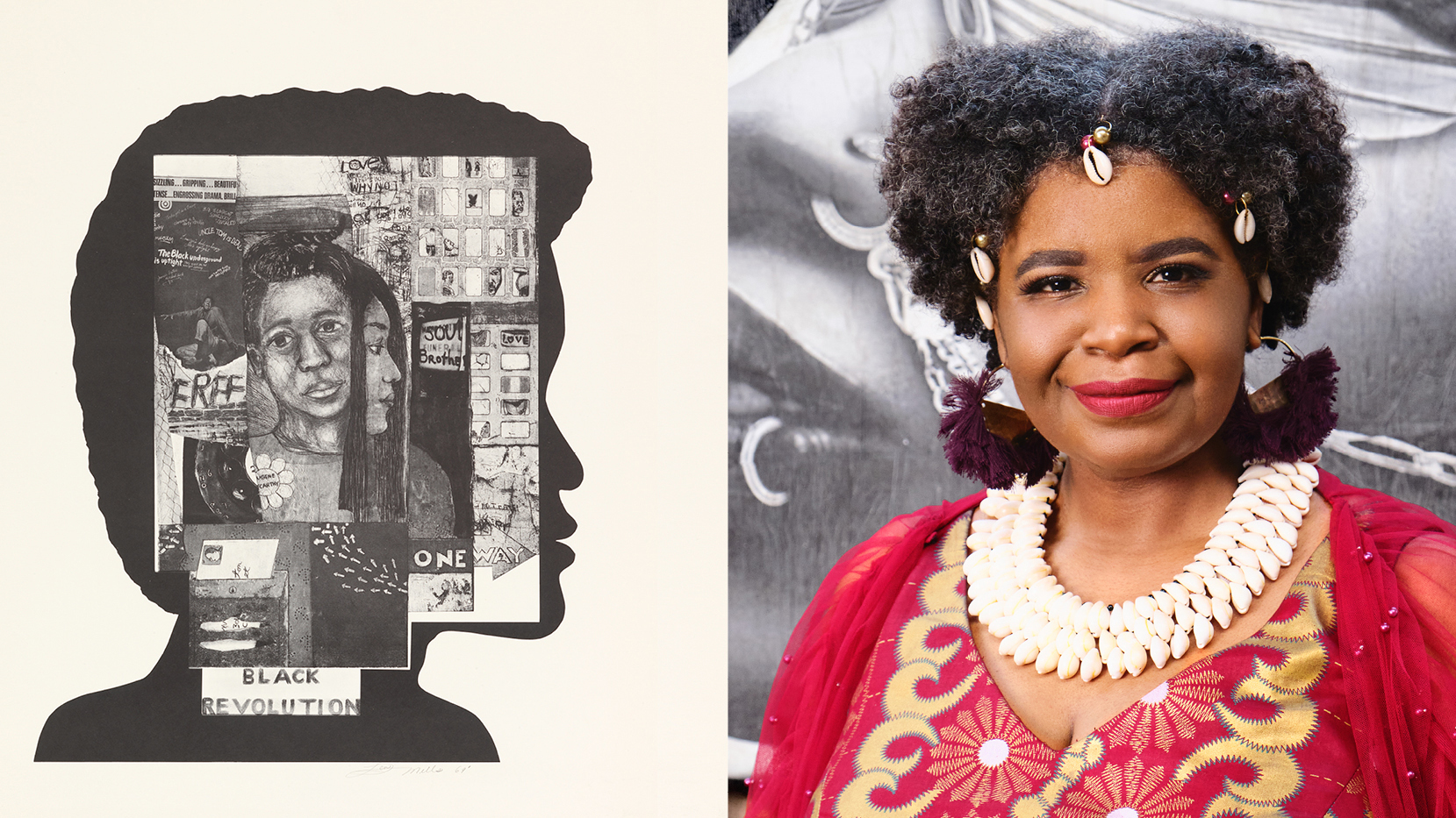 Image of Dori Tunstall on the right. She wears a dark red top embroidered with gold. Her dark curly hair is up and is decorated with cowry shells. She wears a large neckless of cowry shells. On the left is a poster from Cooper Hewitt's collection