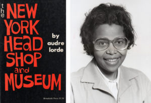 A book cover and a black-and-white photographic portrait are shown. The cover features a black background with large, red, hand-drawn letters spelling out the title “NEW YORK HEAD SHOP AND MUSEUM.” The author’s name is typeset in white lowercase Futura. The portrait shows a smiling Black woman in her 20s or early 30s. She is wearing large plastic-framed glasses and a jacket with dramatic lapels.