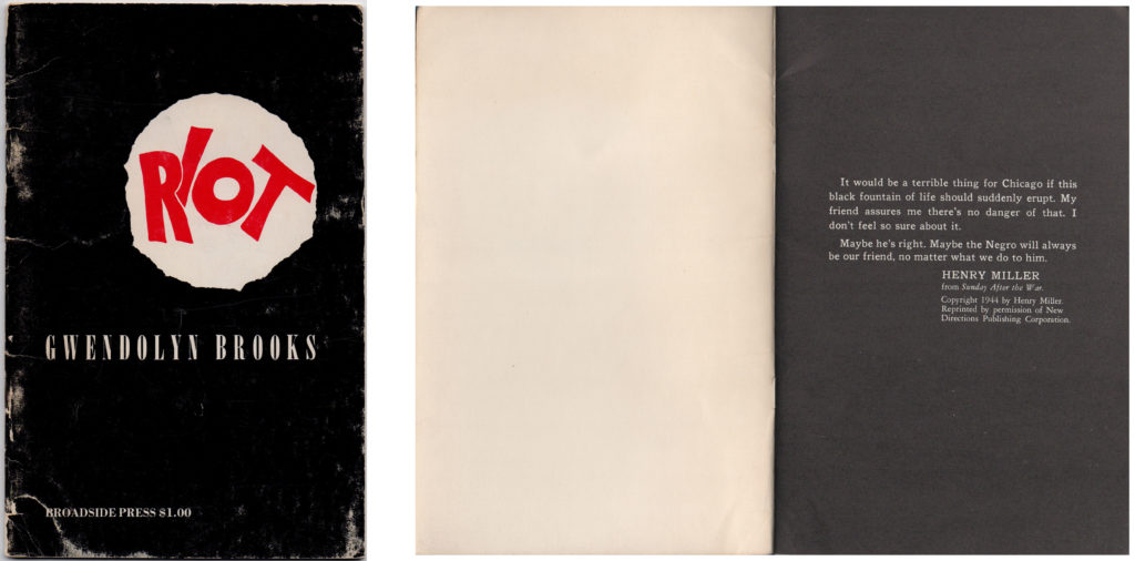 The cover and first interior spread of a book are shown. The cover has a black background. Towards the top is a white circle with torn edges. Hand-lettered in red in the center of the circle is the word RIOT. The author’s name is typeset in a condensed variant of Bodoni. The interior spread consists of a black page facing the white inside cover. A white epigram is printed in white against the black background.