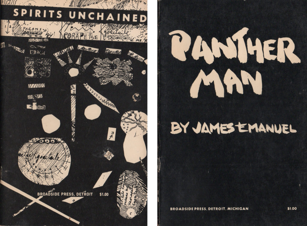 Two black-and-white book covers are shown. The first cover features ink drawings of white abstract shapes with ink-drawn details against a black background. The drawings resemble cosmic maps, tools, graffiti, or tattoos. The title “Spirits Unchained” is printed in white Futura caps across the top. The author’s name is hand-lettered and integrated into the illustration. On the second cover, the title “Panther Man” and the author’s name are painted with thick brush strokes, appearing white against the black background.
