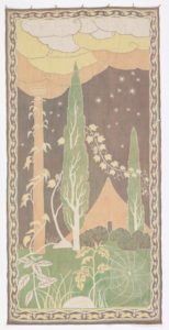 Vertically rectangular batik hanging of a landscape with a tent and a column in the middle ground, surrounded by cedar trees. Low plants and a spider web fill the foreground. The night sky has stars and billowing clouds. A floral vine border on all sides with rabbits in bottom section. Gray, green, apricot, yellow, and white.