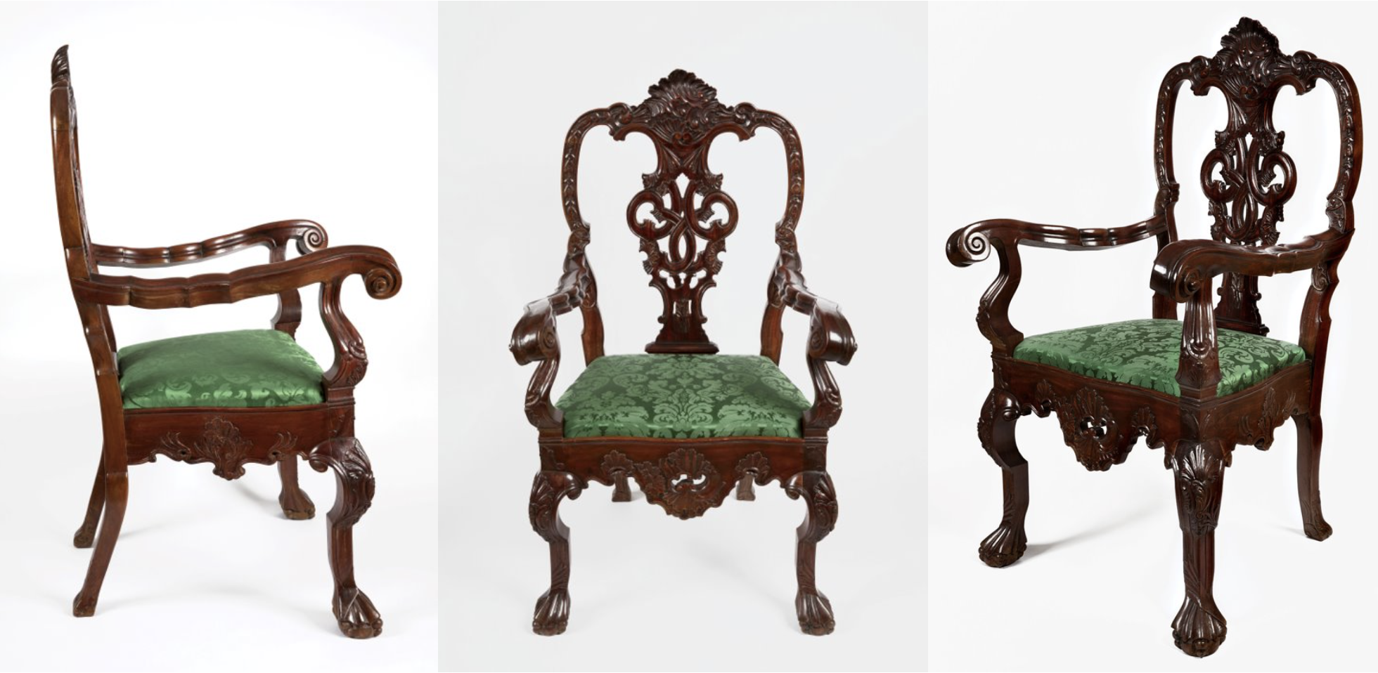 Side, front, and 45 degree angle views of an ornately carved dark wood chair with green fabric cushion