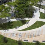 A photograph taken from above of a park with curved pathways, green grass, trees, and benches.