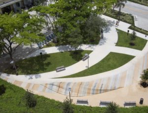 A photograph taken from above of a park with curved pathways, green grass, trees, and benches.