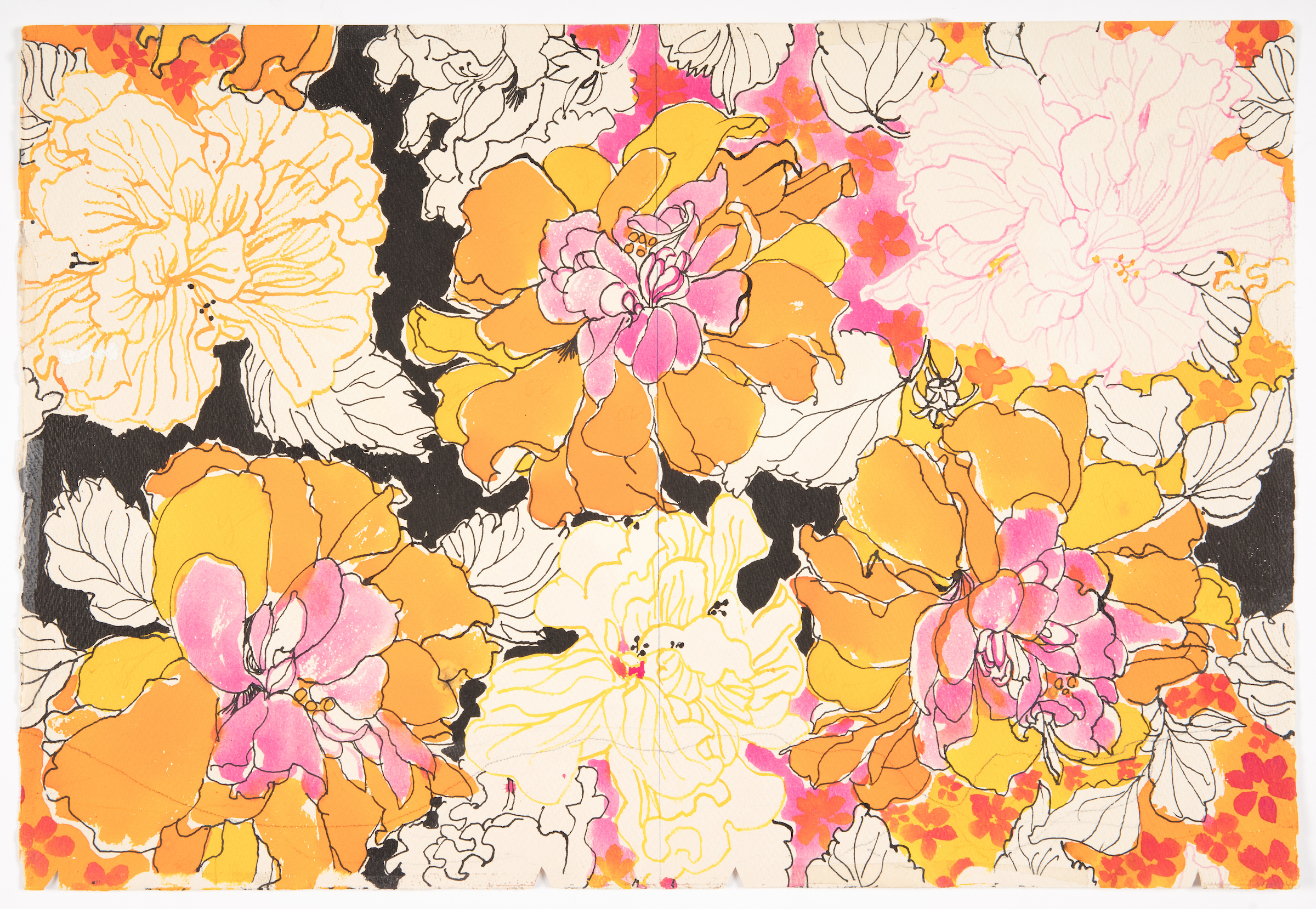 A watercolor and ink image of large-scale florals, in yellow, orange, red, and pink by Zuzek. The flowers are delicately outlined in black pen, and against a black background.