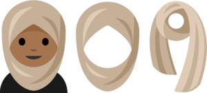 Emoji guidance illustration of person in tan headscarf, next to guidance illustration of the headscarf alone, next to guidance illustration of the scarf hanging with a loop at the top
