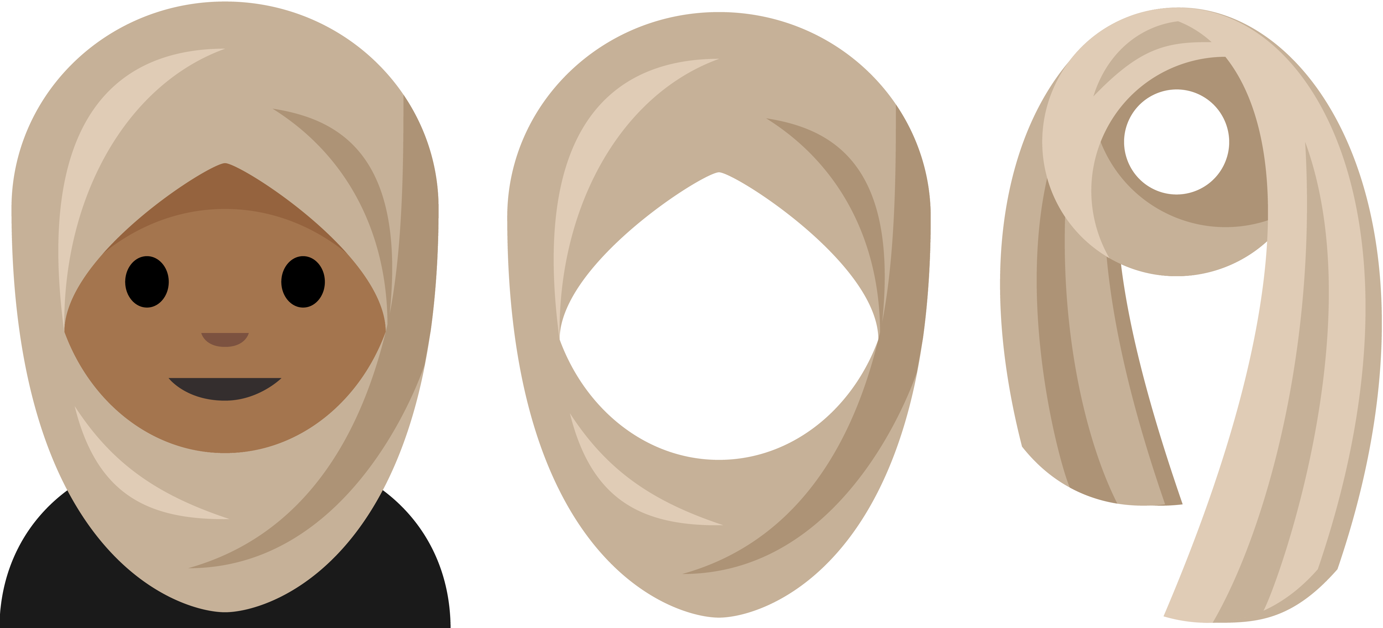 Emoji guidance illustration of person in tan headscarf, next to guidance illustration of the headscarf alone, next to guidance illustration of the scarf hanging with a loop at the top