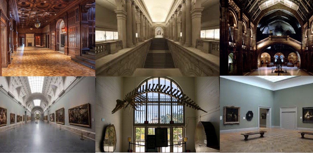 6 images of different museum gallery interiors