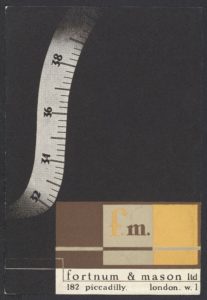 Booklet cover design on black with white strip running from top to bottom left with measuring increments on the strip. In the bottom right corner a box with brown, grey, and yellow color swatches with 'Fortnum and Mason ltd, 182 piccadilly, london. w. 1'
