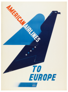 Travel poster with geometric bird with navy blue body and sky blue wings. Tilted text reads 'American Airlines...' then below 'To europe' with a small American Airlines insignia at the bottom of the poster