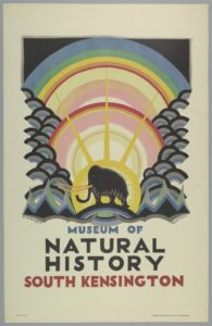 Illustrated poster for Museum of Natural History- South Kensington with stylized clouds painted as cascading arcs that also serve as rainbows and light emanating from the silhouette of a Mammoth