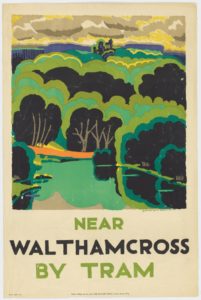 Illustrated travel poster with landscape with green, blue-green, and near-black trees. The trees have scalloped edges and cascade to a small architectural form in the stance. The bottom reads 'Near Walthamcross by Tram'