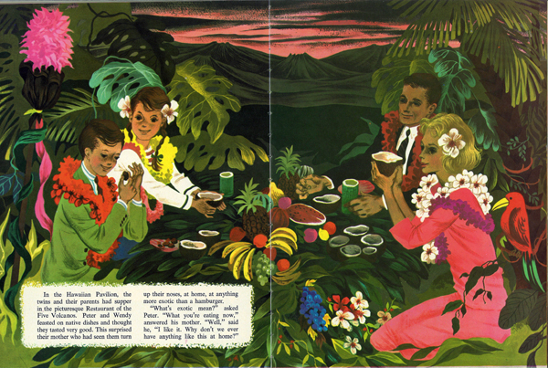 Four people lounge in the grass enjoying tiki drinks and other picnic fare.