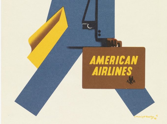 Graphic depiction of a man on the move, holding a camera and suitcase with the phrase 'American Airlines' printed on it.