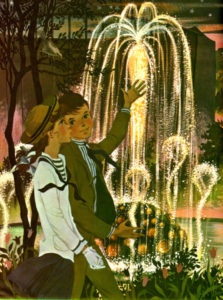 In the foreground a boy shows a girl the the fairground fountains. Greenery surrounds the two as they walk.