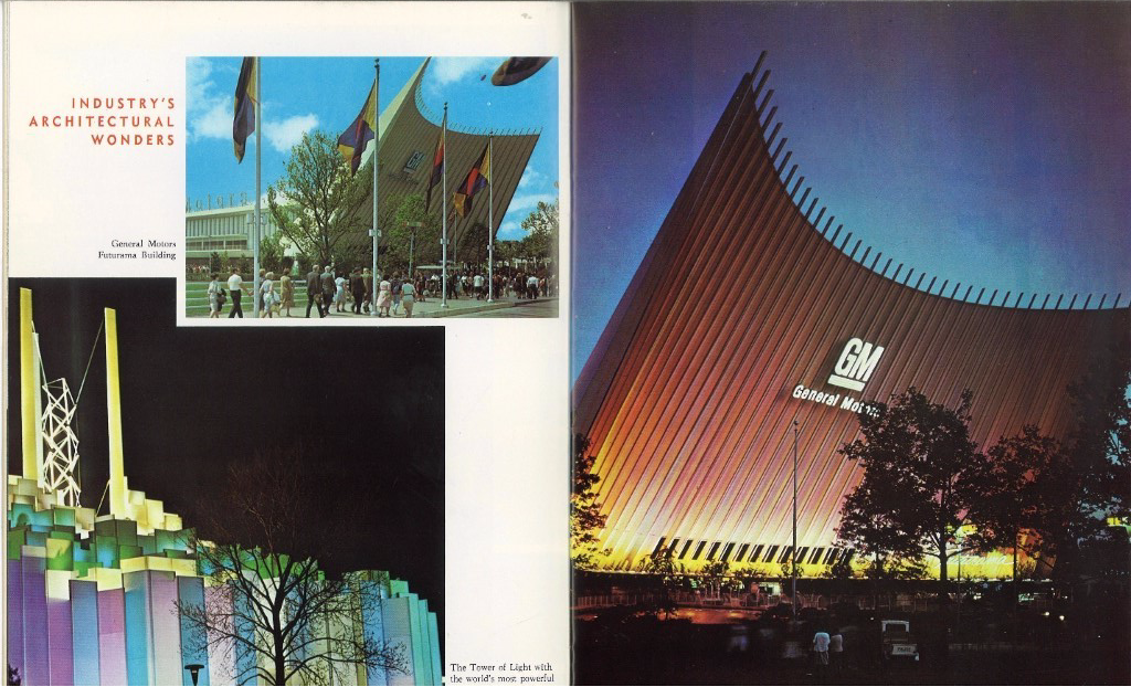 A catalog spread of futuristic and colorful exposition buildings at the 1964 world's fair.